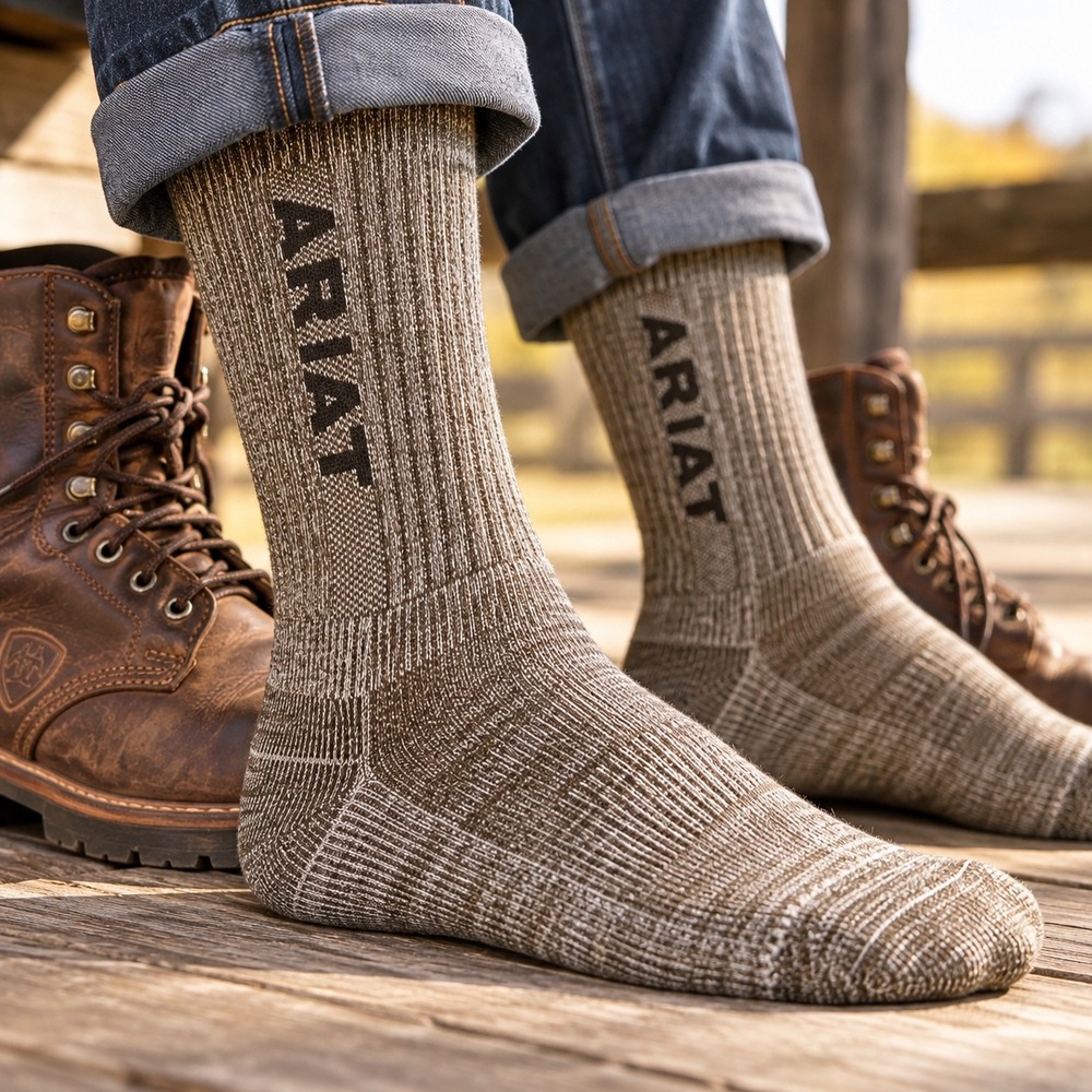 Ariat Work Merino Wool Blend Steel Toe Socks 2 Pair Taupe Gray Brown Men 5-9 M